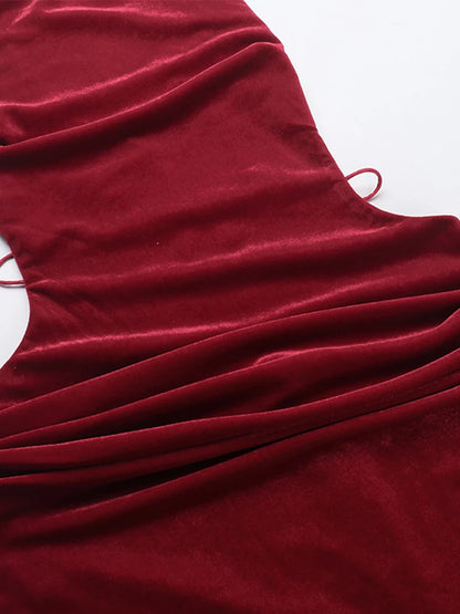 Velvet Backless Sling Long Dress Retro Sleeveless Lace Up Slim Evening Dresses Female Party Street