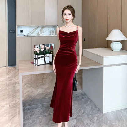 Split Velvet Midi Dresses Summer French Spaghetti Strap Wedding Party Female Clothing