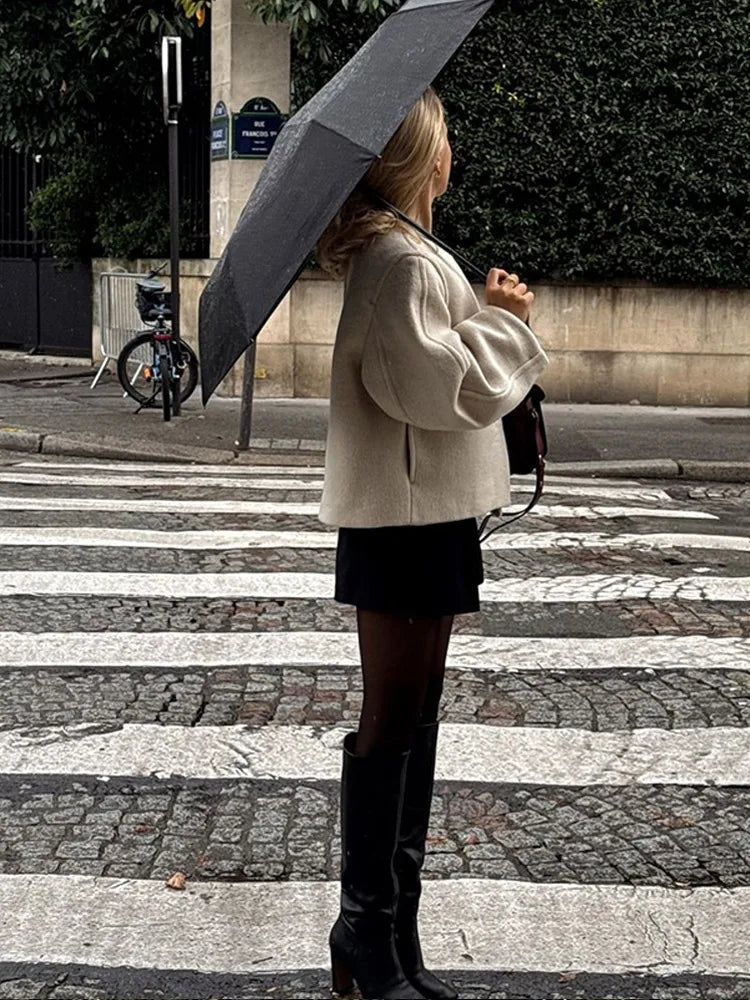 One Button O-neck Woolen Coats for Long Sleeve Cropped Oversized Jackets Lady High Street Outerwear New