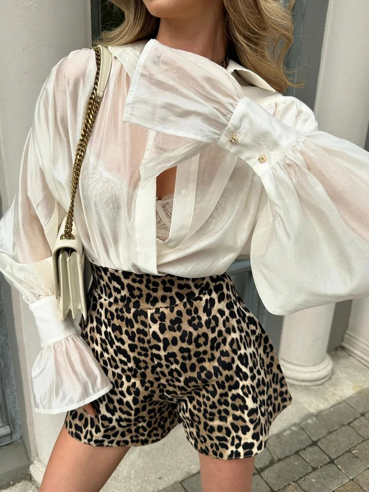 Autumn See-through Shirts Top for Loose Slim Long Sleeve Lapel Cardigan ’s Pleated Shirts Top