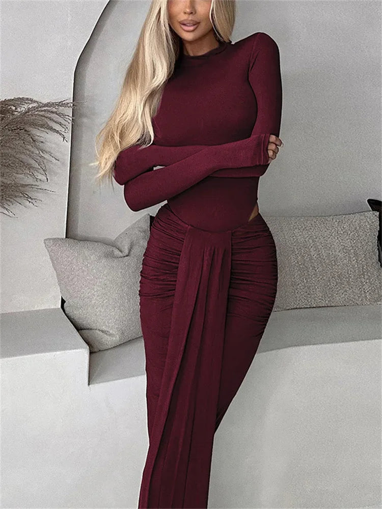 Winter 2 Piece-set Maxi Skirt High Waist Jumpsuit and Pleated Long Skirt Outfits Skinny Outfits