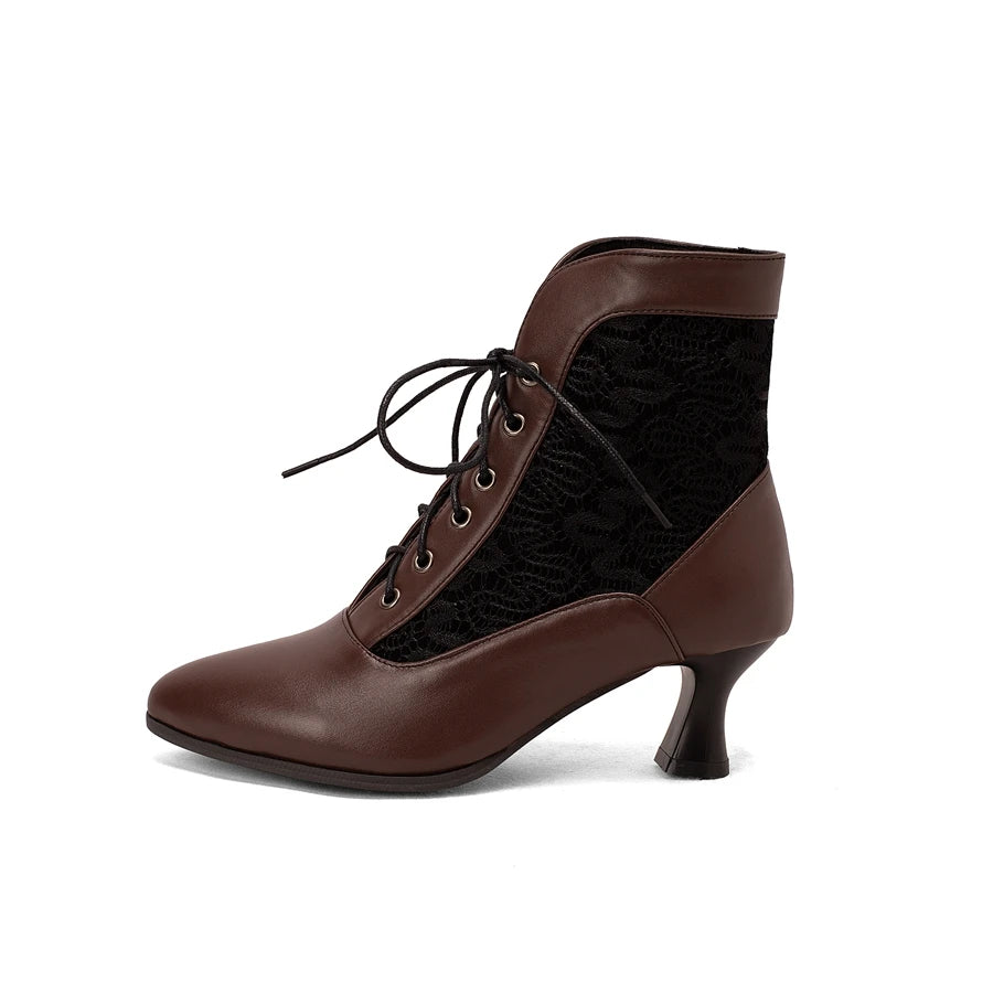 White Red Victorian Pointed Toe Ankle Boots Pu Leather Embroidered Laces Punk Crosstied Kitten High Heel Shoes