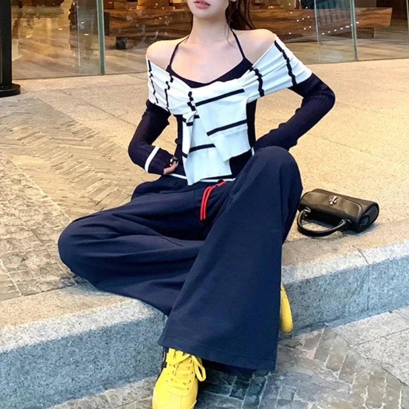 Autumn New American Laceup Loose Wide Leg Pants + Patchwork Halter Sweater + Knitted Shawl Threepiece Suit
