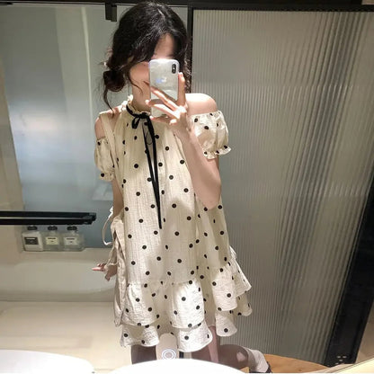 Sweet and Girl's Polka Dot Off Shoulder Princess Doll Dress Summer New Bubble Sleeve Loose Aline Midi Dress for