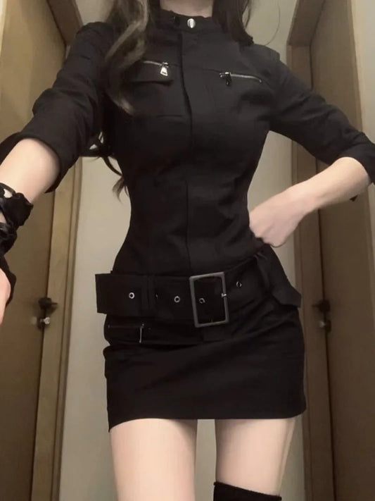 Autumn Cargo Clothing Black Slim Y2k Mini Dress Short Party Bodycon One Piece Korean