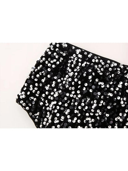 Sequins Shorts Spring Black Sparkling Party Shorts Elastic Waist Shorts
