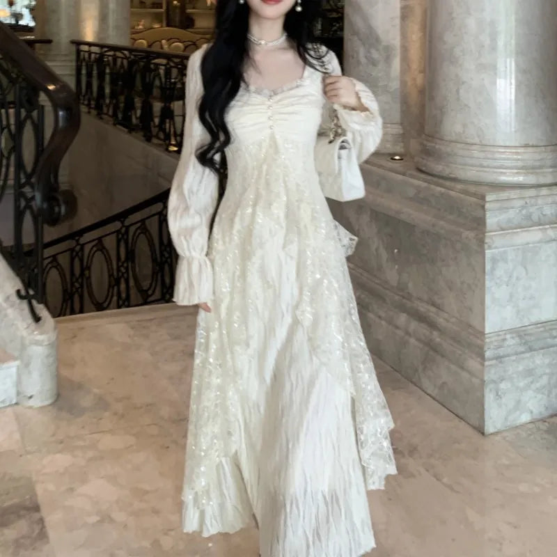 Autumn Winter New Midi Dresses for Lace Ruffles Flare Sleeve A-line Birthday Party Dress Korean Vestidos Mujer