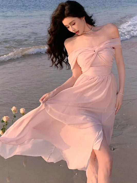 Chiffon Midi Dress Summer New Off Shoulder Slash Neck High Split Holiday Beach Style Backless Party Dress Vestido