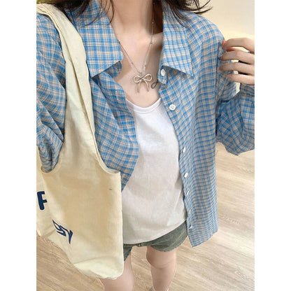 Korean Style Blue Plaid Single Breasted Shirt Spring Autumn Long Sleeve Loose Lapel Sunscreen Blouses