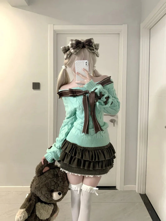 Sweet Hot Girl Retro Suit Autumn and Winter Bow Off Shoulder Sweater Plaid Aline Skirt Twopiece Set Female Clothes