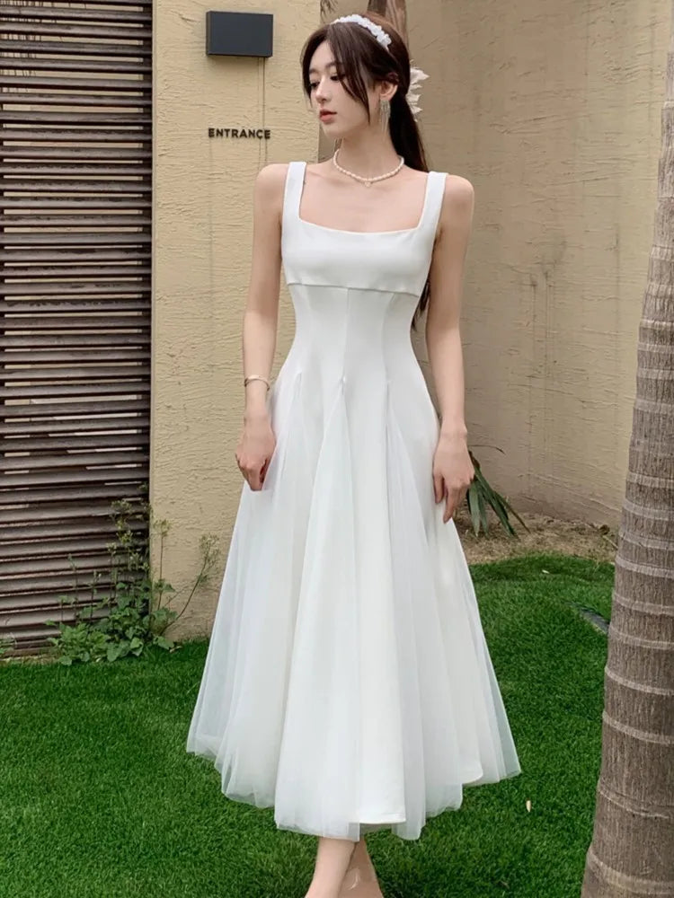 Summer Spring Fairy Dresses Mesh Patchwork Square Collar Sleeveless Evening Party Midi Dress Female Vestidos Robe