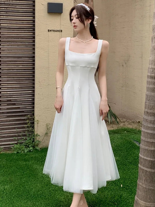 Summer Spring Fairy Dresses Mesh Patchwork Square Collar Sleeveless Evening Party Midi Dress Female Vestidos Robe