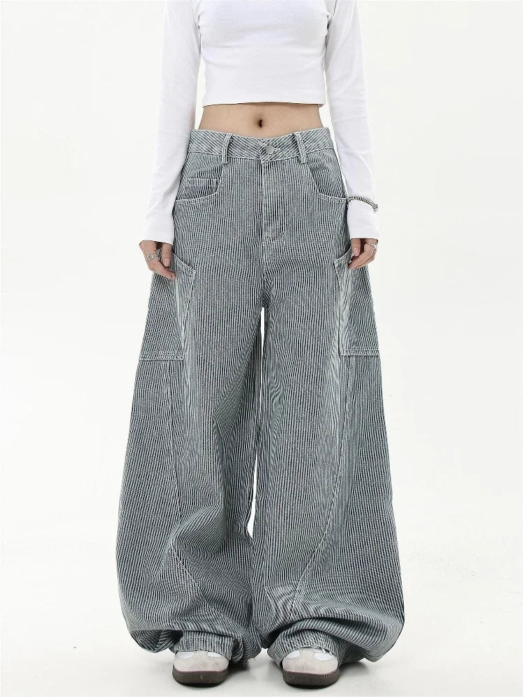 Retro Stripe Cargo Jeans Y2k Hip Hop Baggy Korean Straight Wide Leg Denim Pants Harajuku Mujer Bottoms