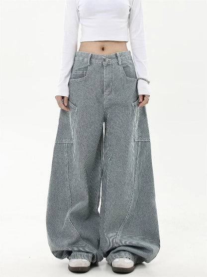 Retro Stripe Cargo Jeans Y2k Hip Hop Baggy Korean Straight Wide Leg Denim Pants Harajuku Mujer Bottoms