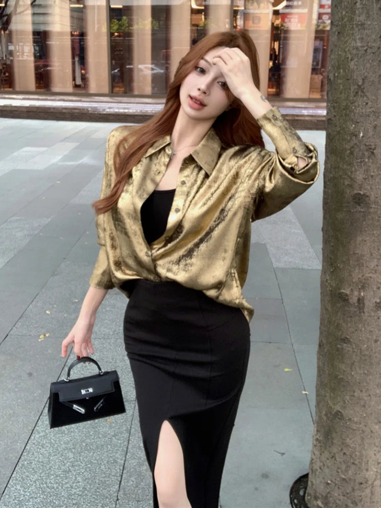Y2k Golden Color Shirt Female Long Sleeve Blouse Button Up Oversized Spring Autumn Top