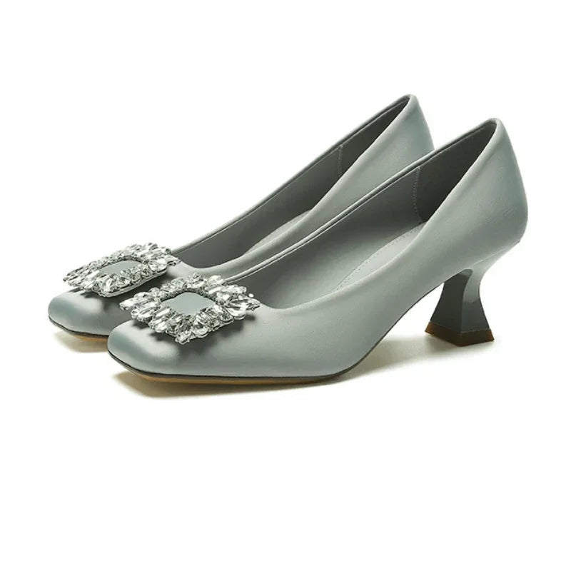 Rhinestone Satin Pumps Square Button Low Heel Office Shoes Crystal High Heels Dress Shoes