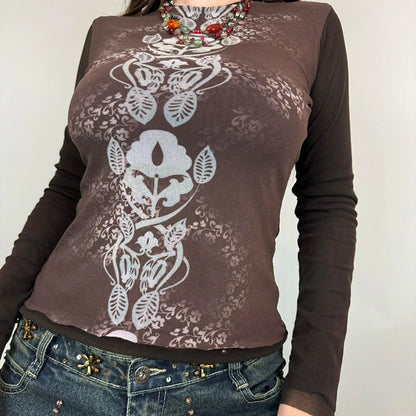 Contrast Color Mesh T-shirt Long Sleeve O Neck Fitted Crop Top Semi-sheer Grunge Style Brown Tee