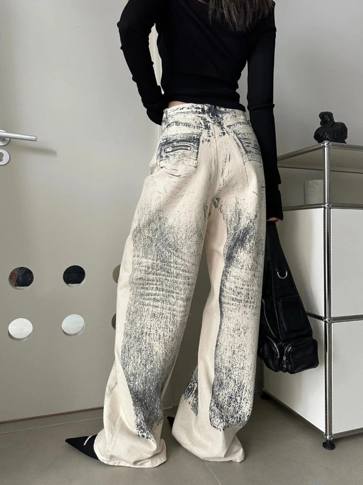 Tie Dye Jeans Hip Hop Baggy Street Do Old Straight Wide Leg Denim Trousers Y2k Dirty Female Pants