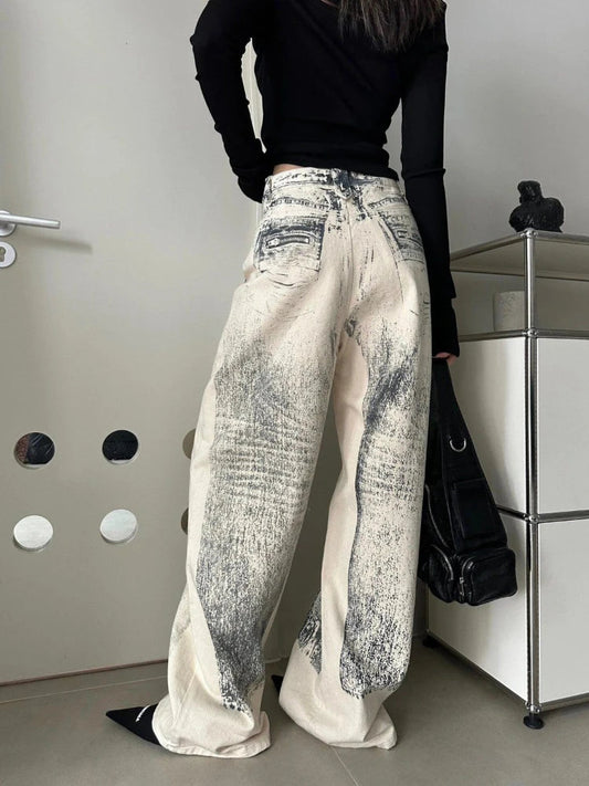 Tie Dye Jeans Hip Hop Baggy Street Do Old Straight Wide Leg Denim Trousers Y2k Dirty Female Pants