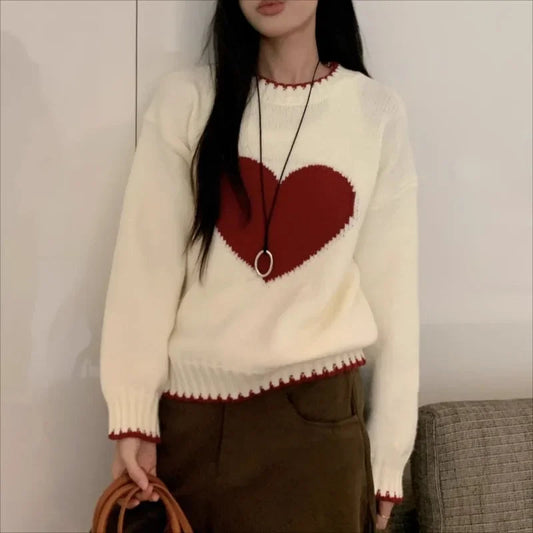 High Street Contrast Color Patchwork Long Sleeve Sweater Spring New Oneck Heart Embroidery Loose Knitted Tops