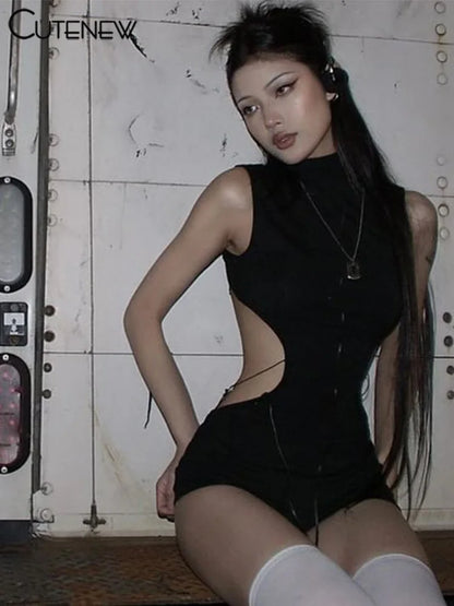 Back Hollow Playsuits Sleeveless High Collar Body-shaping Rompers Female Y2k