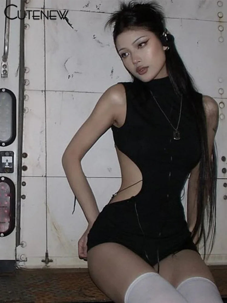 Back Hollow Playsuits Sleeveless High Collar Body-shaping Rompers Female Y2k
