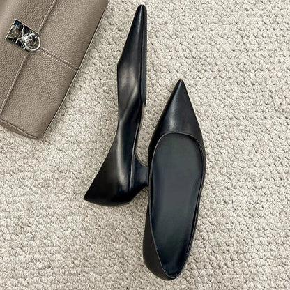 Pointed Toe Leather Flat Shoes Tapered Low Heel Pumps Black Shallow Mouth Design Comfort Office Shoe for