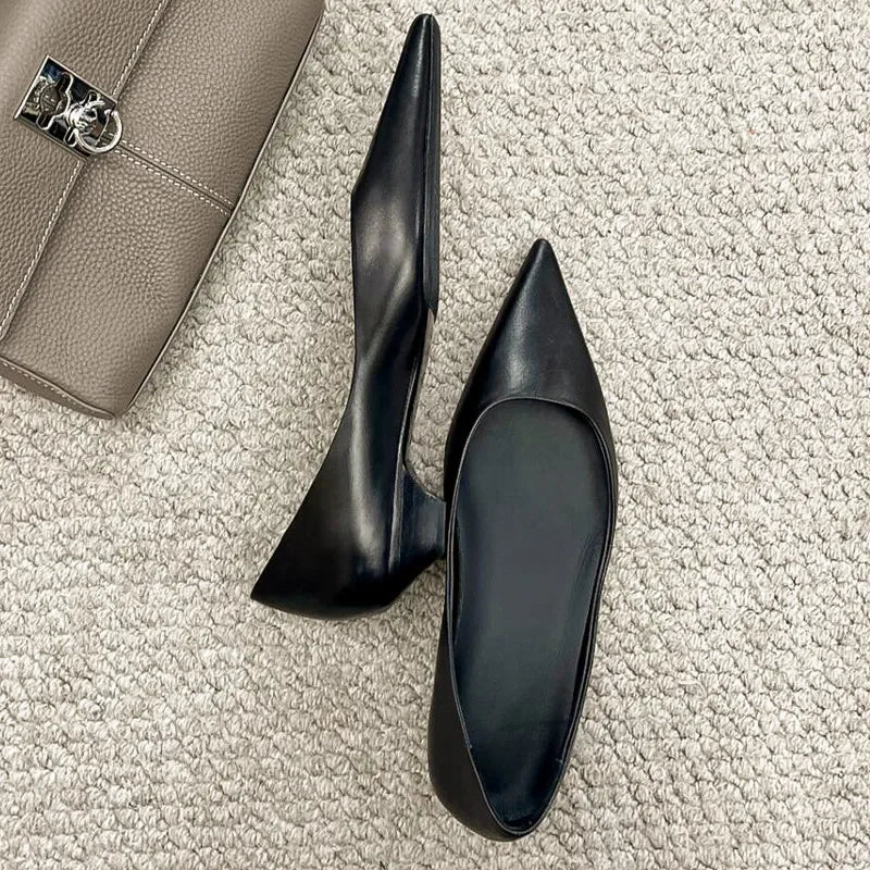 Pointed Toe Leather Flat Shoes Tapered Low Heel Pumps Black Shallow Mouth Design Comfort Office Shoe for