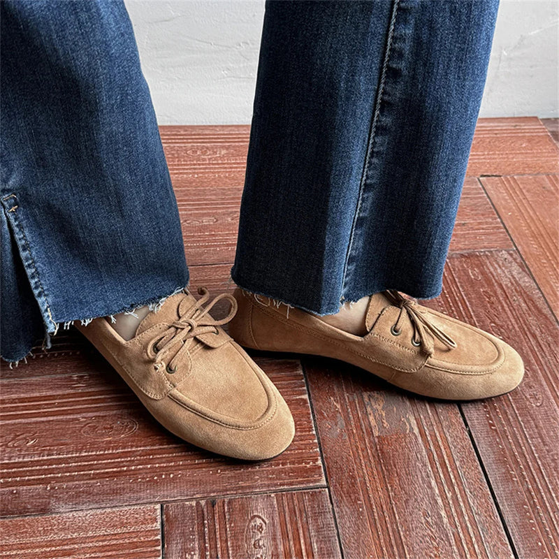 Ballet Flats Shoes Suede Leather Lace Up Loafers Flats Heels Street Office Lady Loafers Shoe