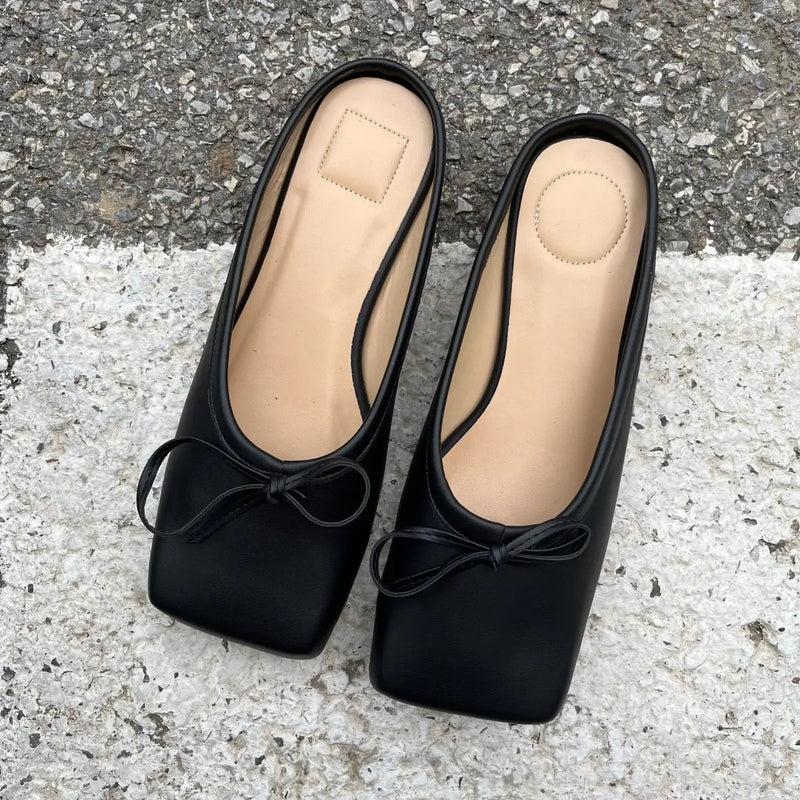 Summer Popular New Square Head Bow Flat Heel Slippers Flat Bag Head Cherry Red White Ballet Flats