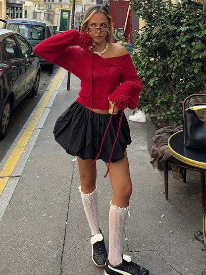 Knitted V-neck Red Sweater 3d Flower Drawstring Long Sleeve Sweaters Female Christmas Street Knitwear