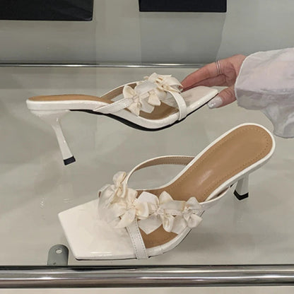 Designer Yellow Silk Flowers Narrow Band Square Toe Mules Low Thin Heels Slippers Gladiator Sandals Summer Shoes