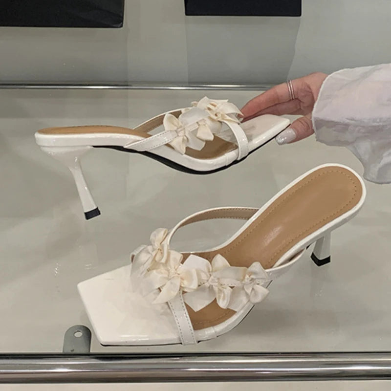 Designer Yellow Silk Flowers Narrow Band Square Toe Mules Low Thin Heels Slippers Gladiator Sandals Summer Shoes