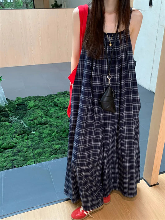 Korea Rompers Summer Plaid New Office Lady High Street Sleeveless Wide Leg Jumpsuits