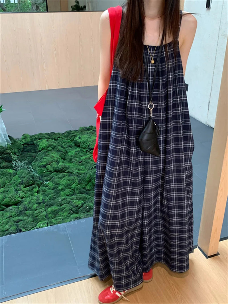 Korea Rompers Summer Plaid New Office Lady High Street Sleeveless Wide Leg Jumpsuits