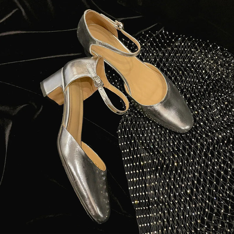 Genuine Leather 4.5cm Thick Med Heel Round Toe Ankle Strap Sandals Soft Comfortable Summer Shoes