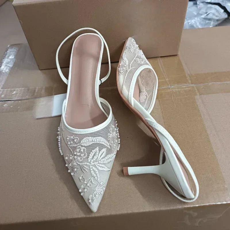Mesh Embroidered Brand Sandals String Bead Thin Heels Mules Shoes Pointed Toe Slingback Slippers Zapatos De Mujer