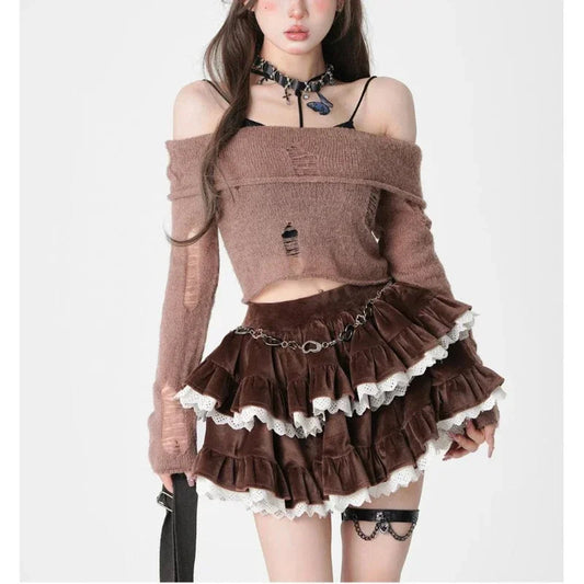 Brown Sweet Corduroy Skirt Korean Style Kawaii Cake Mini Skirt Black Lace Spliced High Waist Ruffle Short Skirts