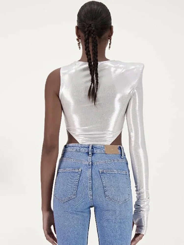 Shoulder Pads Metallic Asymmetrical Bodysuit Playsuit Soild Splicing Lady Jumpsuit Slim Fit O-neck Tops