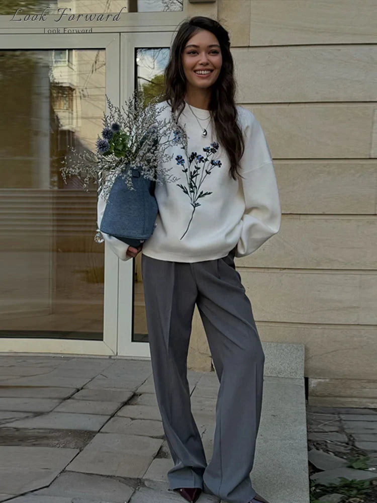 Embroidery Pullover Loose Autumn Winter O-neck Flower Sweater Female Long Sleeve Soft Knitwears Lady All-match