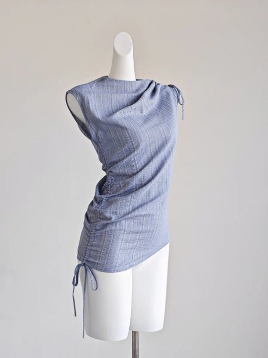 French Blue Striped Drawstring Strap Shirt for Summer Outfit Sweet Girli Irregular Slim Fit Sleeveless Blouses Tops