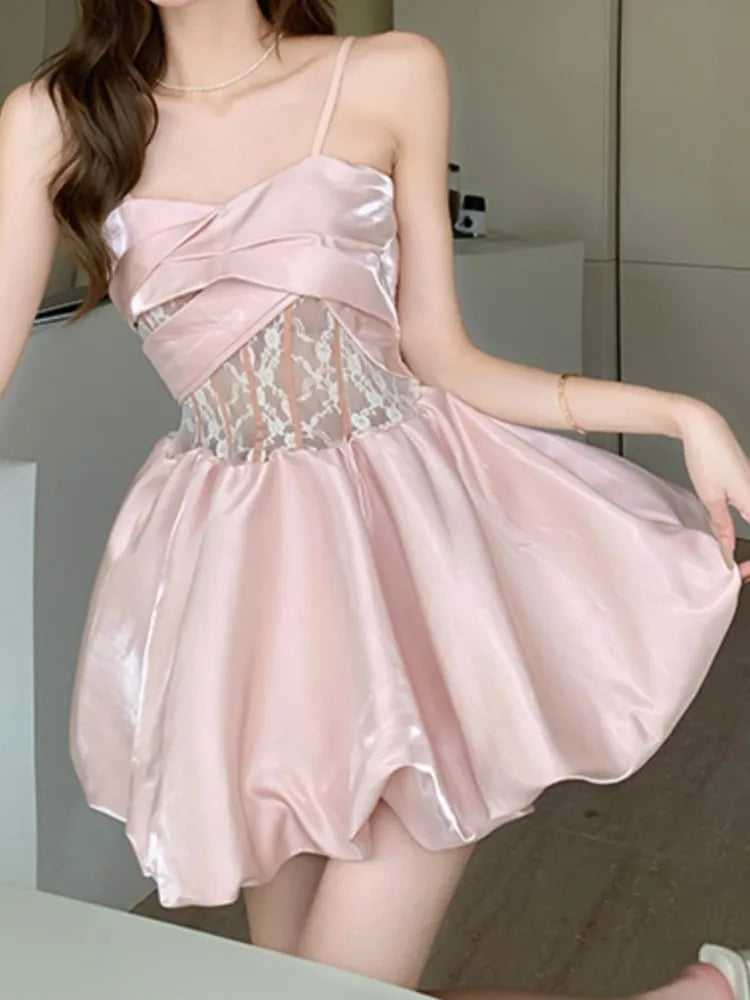 New Spring Summer Satin Mini Dress Spaghetti Strap Party Birthday Sweet Clothes Female Vestidos