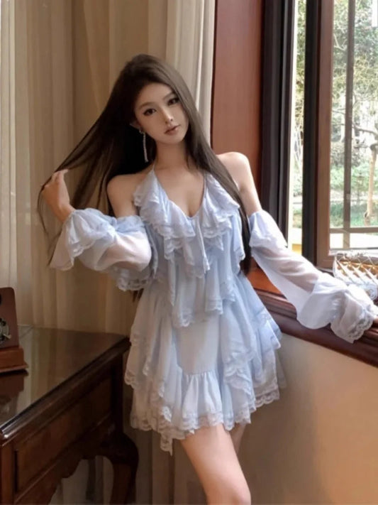 Evening Dresses Sweet Lace Patchwork Ruffles V Neck Mini Dress Cocktail Bandage Backless Fairy
