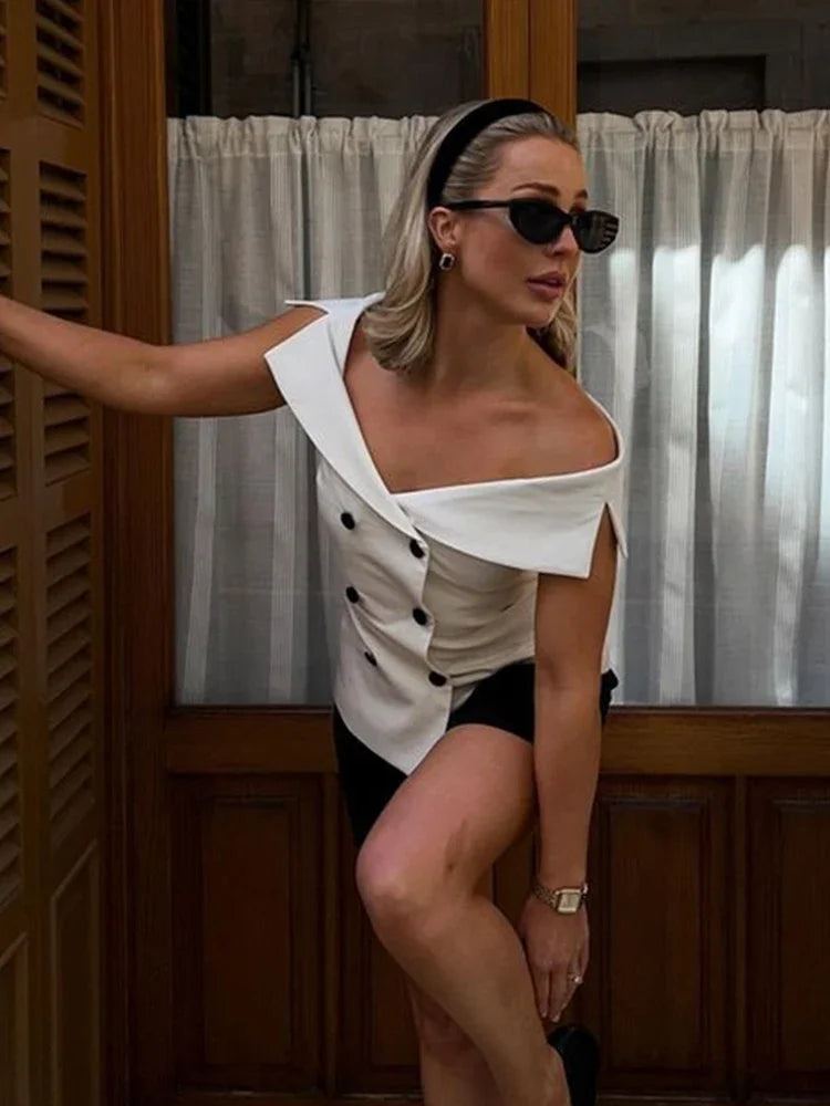 Off Shoulder Double-breasted Vest Slim Sleeveless Waistcoat Summer New Tops