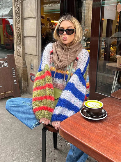 Knitted Colorful Stripes Sweater O Neck Puff Long Sleeves Short Pullover Autumn Lady High Street Jumper