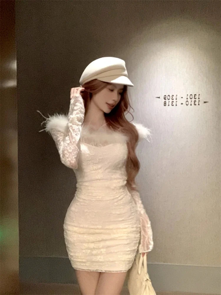 Mini Dresses Lace Patchwork Furry Slim Sweet Wedding Party Cocktail Evening Dress Birthday