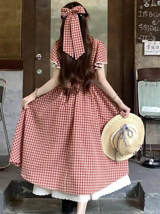 Red Plaid Midi Dresses for Lace Patchwork Vneck Aline Sweet Summer New Party Dress Kawaii Vestidos Mujer