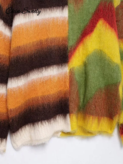 Mohair Knit Pullover Colorful O-neck Long Sleeve Loose Sweater New Autumn Lady All-matching Knitwear