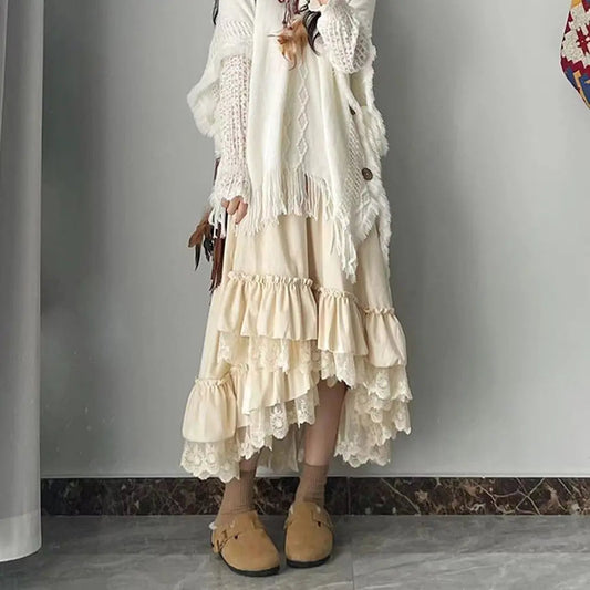 Autumn and Winter Forest Style Lace Splicing Thick Velvet Long Skirts for High Waist Aline Cake Skirt