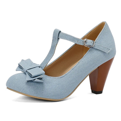 48 Brand New Round Toe Chunky Heel Pumps Bow Buckle Summer Party Shoes